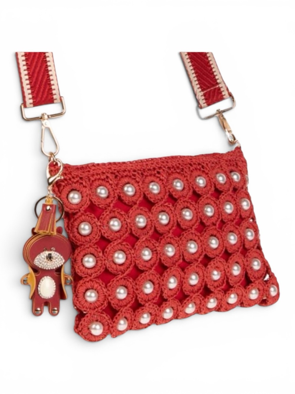 Sharif Red Crochet Pearl Shoulder Bag with Charm Accent